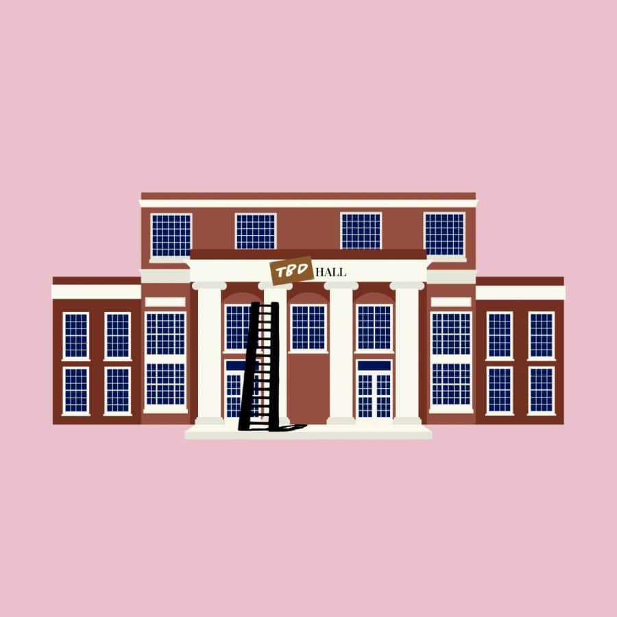 An illustration of a campus building with a cardboard sign reading "TBD" covering the hall name.