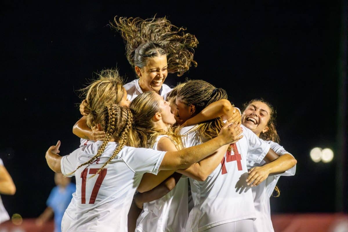 Alabama soccer teams celebrates a score against North Carolina on Sep. 10 at the Alabama Soccer Stadium in Tuscaloosa, Ala