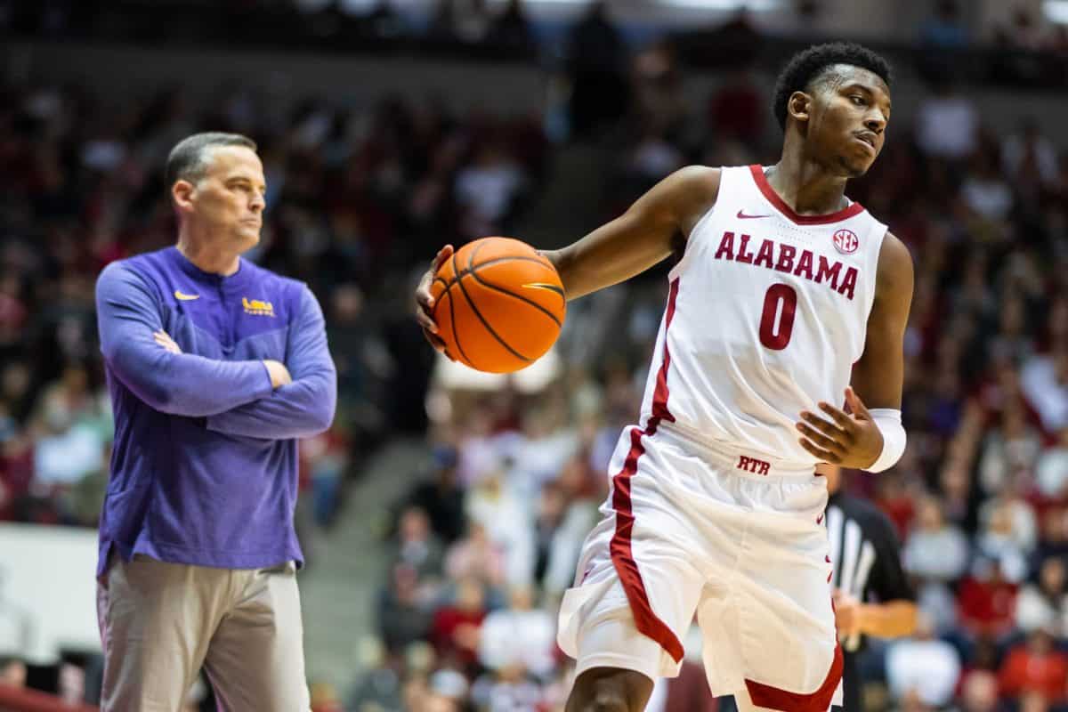 Jaden Bradley (#0) dribbles the ball against LSU in Tuscaloosa, AL on Jan. 14, 2023, the day before the Jan. 15 shooting that killed Jamea Harris.